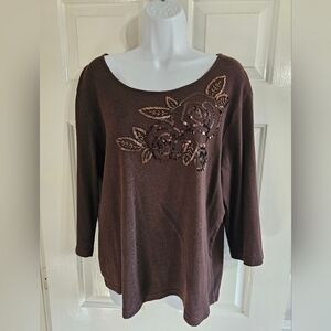 Karen Scott XL Brown Long Sleeve Floral Sequins Classic Preppy Retro Tunic Shirt